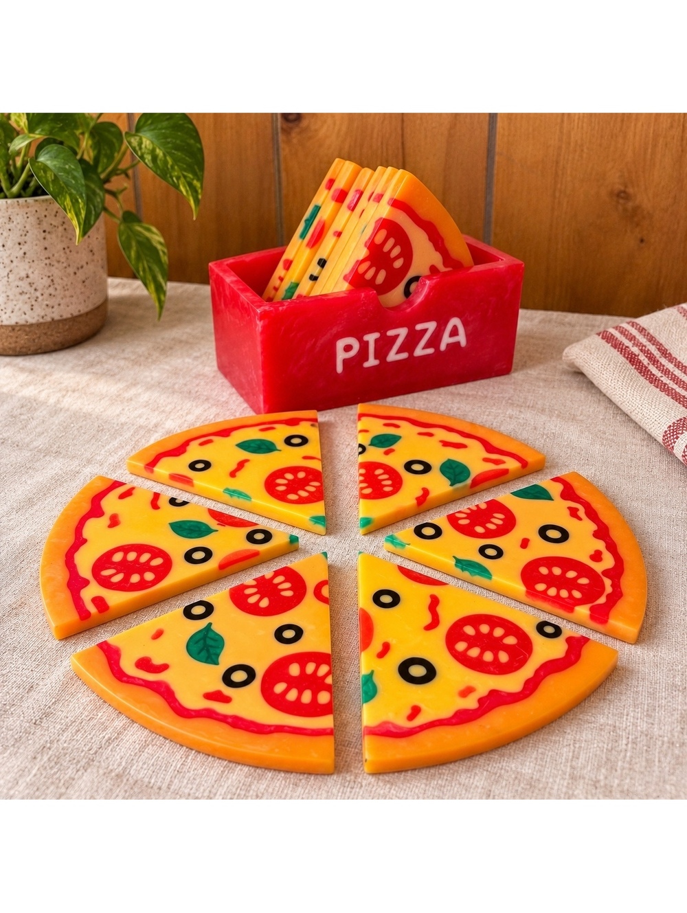 Vintage Pizza Slice Coaster Set With Holder Made in Thailand Retro Kitchen Decor